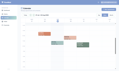 FlowMed calendar showing weekly appointments