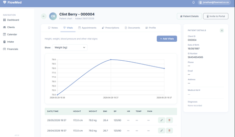 FlowMed vitals tracking with chart and data table